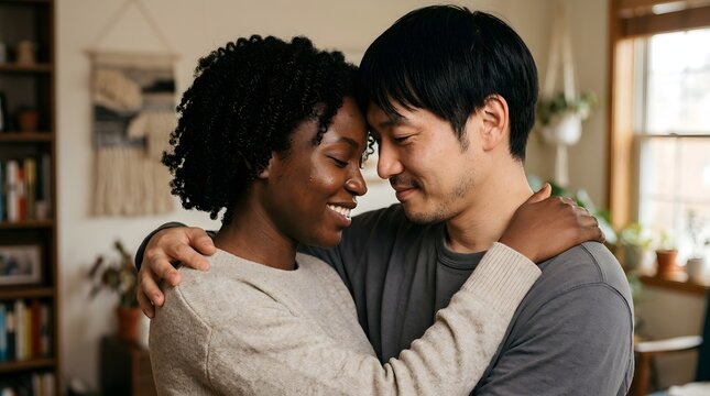 young couple hugging Hyper-realistic portrait Japanese husband with short black hair embracing Nigerian wife with deep ebony skin and natural curls in warm indoor light, foreheads touching
