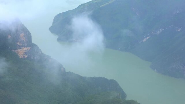 Yangtze River Three Gorges Aerial View with Misty Mountains