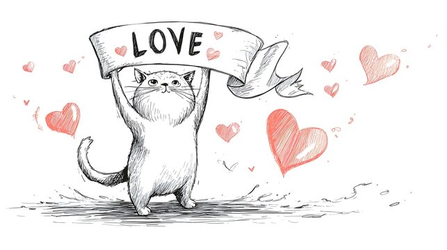 Cute cat holding a banner with the word LOVE surrounded by hearts.