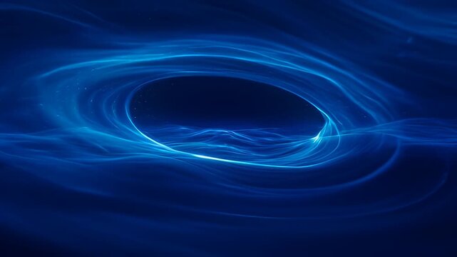 Abstract blue data waves flowing through a dark vortex in a seamless 3D animation, ideal for high-tech digital background and cyber security concepts.