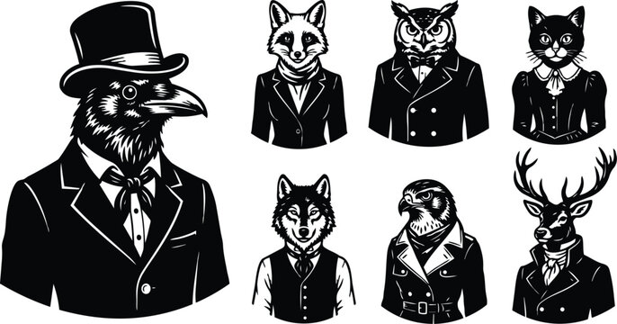 Engraving style close up raven in top hat and suit with monocle looking left among aristocratic animal portraits formal collection
