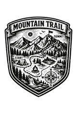 Vintage Mountain Trail Adventure Badge Emblem - Detailed Woodcut Style Outdoor Expedition Map with Start to Summit Path, Camping Tents, Forest, Lake, Waterfall, Campfire, Cabin & Compass Rose Design