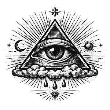 Black and white engraving of the All-Seeing Eye of Providence surrounded by celestial elements like the sun, moon, stars, and clouds, symbolizing divine watchfulness, enlightenment, knowledge, and spi