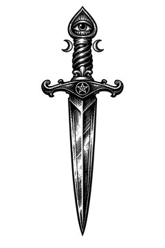 Mystical Engraved Dagger Artwork featuring the All-Seeing Eye, Sacred Pentagram, and Ethereal Crescent Moons. A powerful esoteric symbol of protection, magic, and hidden knowledge, rendered in a vinta