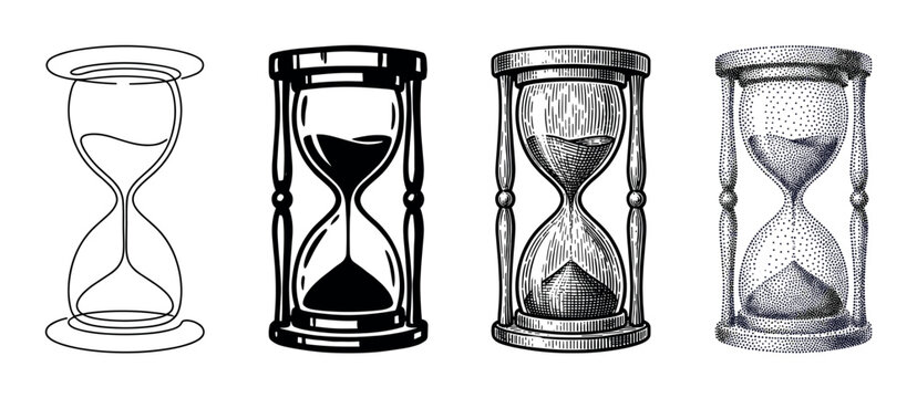 Set of four hourglass illustrations showing various artistic styles including continuous line, silhouette, vintage engraving, and stippling pointillism