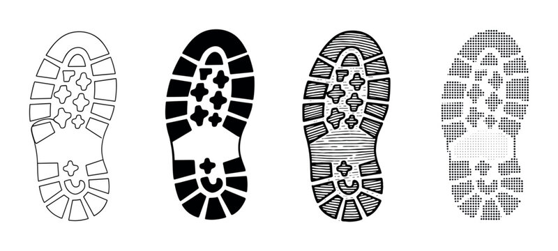 Four black boot print sole illustrations in various graphic styles including outline, silhouette, hatched, and dotted for a collection of footwear tread patterns