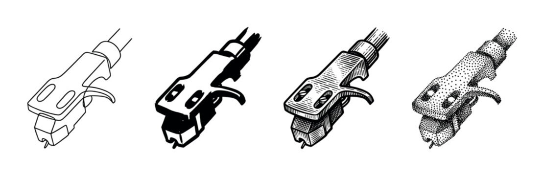 Turntable headshell with cartridge and stylus illustrated in four distinct black and white styles: line art, silhouette, engraved hatching, and pointillism stippling