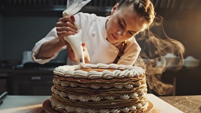 A chef skillfully decorates a multi-layered crepe cake with creamy white icing in a softly lit kitchen setting