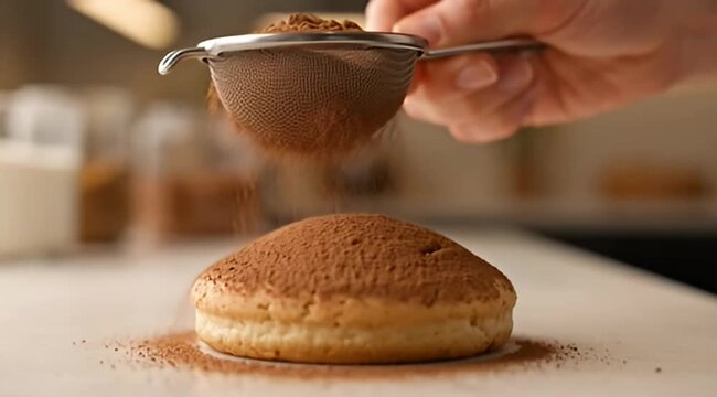 A delicious looking pastry donut is dusted with cocoa powder using a sieve