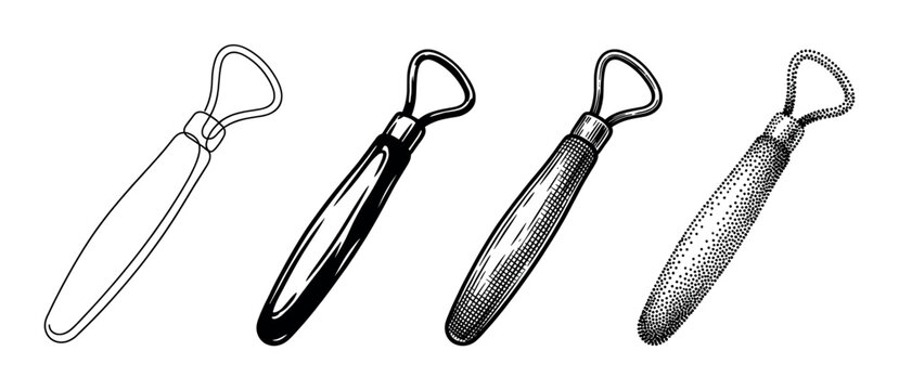 Set of four pottery loop tools for sculpting clay, illustrated in various artistic styles including line art, hatching, stippling, and a high-contrast graphic design