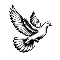 Fototapeta premium Majestic Flying White Dove Illustration in Classic Engraving Style – A Detailed Black and White Vector Graphic Symbolizing Peace, Freedom, Purity, Hope, and Serenity, Ideal for Spiritual, Memorial, an