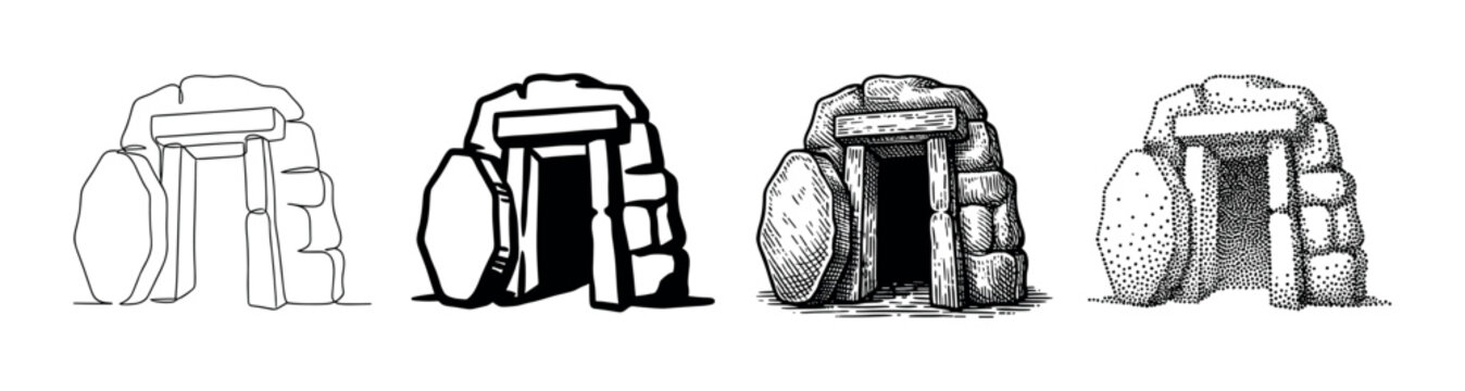 Set of four ancient dolmen illustrations in different artistic styles including line art, solid black, engraving, and stippling, showing a prehistoric megalithic stone tomb