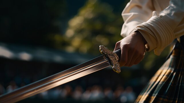 Scottish Highland dancer performing precise sword dance steps at a traditional games competition, perfect for Scottish traditional performance, Highland dance culture, sword dance heritage,