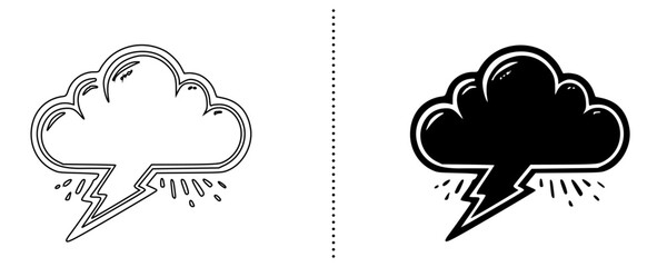 Thunderstorm Cloud With Lightning Icon Set, Storm Weather Forecast Symbol, Lightning Bolt Cloud Outline and Solid Glyph Vector, Thunder Climate Meteorology Sign, Weather App UI Icon