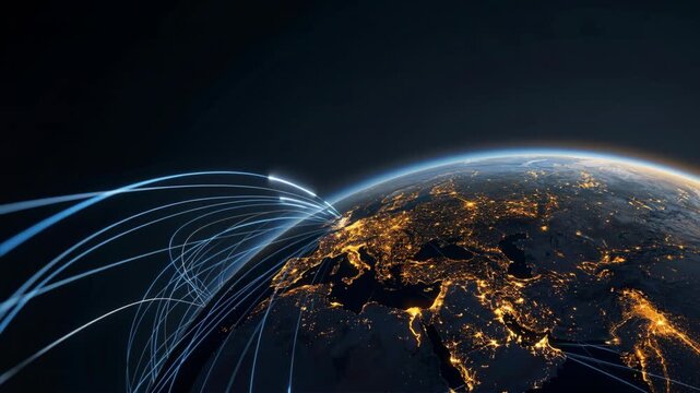 Orbital global connectivity night citylight network over illuminated Europe and surrounding regions linking earth cities with glowing data paths