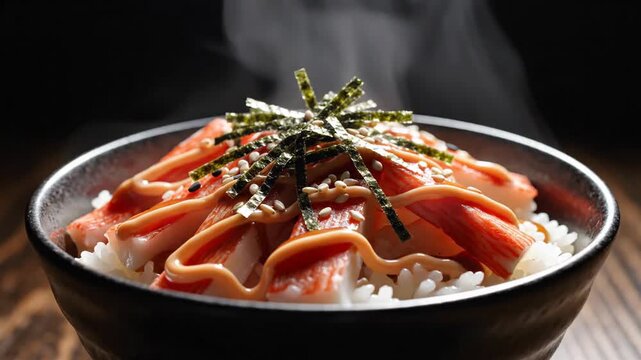 A steaming bowl of rice topped with crab sticks, sauce, seaweed, and sesame seeds