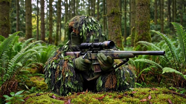 A tactical sniper wearing a green ghillie suit aiming a camouflage rifle within a dense forest, showcasing military surveillance and camouflage tactics in a cinematic outdoor setting.