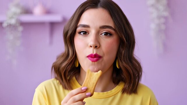 Beautiful young woman eating a bone shaped cookie against a bright purple background in a cinematic studio portrait, capturing a playful snack time concept.