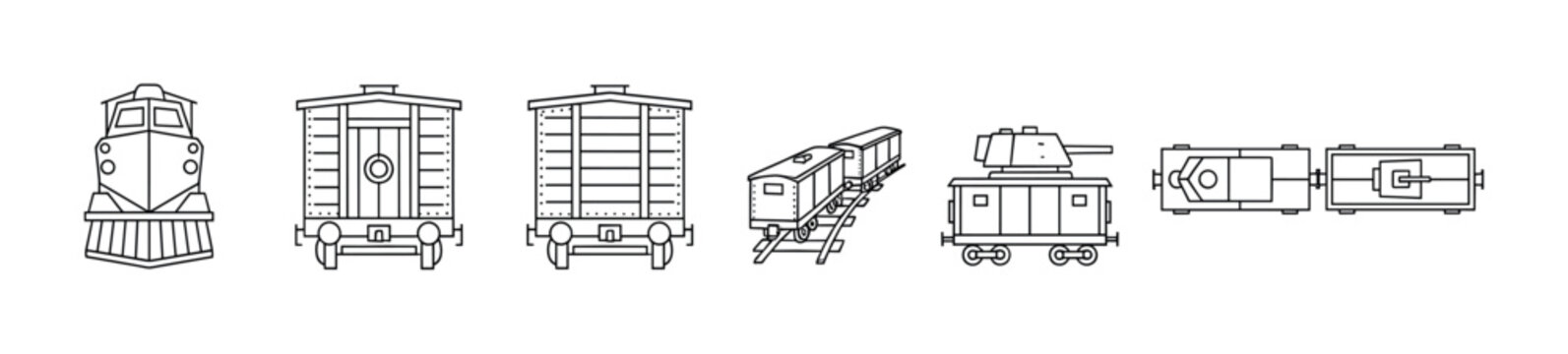 Set of minimalist train line art icons including a locomotive, boxcar, armored wagon, and freight cars from front, side, and top views in a simple vector graphic style