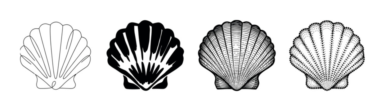 Set of four scallop shell icons presented in a variety of artistic techniques including simple line art, a solid silhouette, detailed engraving, and a modern dotted pattern