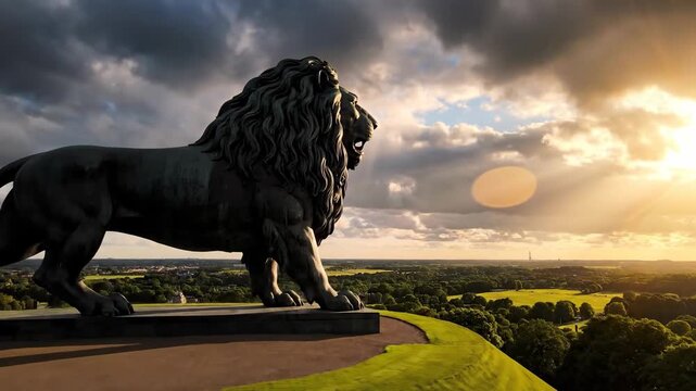 A lion statue stands on a green hill under a dramatic sky with golden sunlight breaking through the clouds