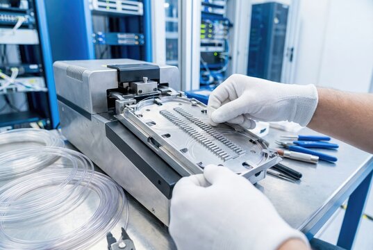 Technician hands in white gloves working with fiber optic cables and a fusion splicer device