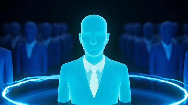 A glowing blue standout figure representing exceptional talent in a corporate crowd, illustrated in a cinematic 3D animation for professional human resources and leadership concepts.