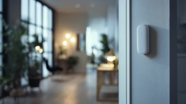 Medium shot of a discreet motion sensor mounted on a hallway wall highlighting its sleek design against a softly blurred background of a modern home interior.