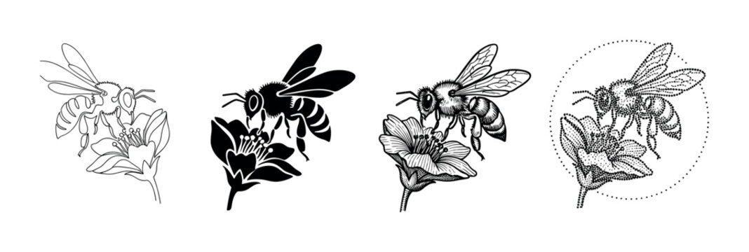 Set of four black bee illustrations on a flower, showcasing different artistic styles including line art, silhouette, engraving, and stippling dotwork for a vintage look