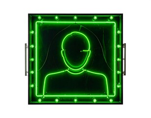 Neon green faceless figure in square frame with lit borders. Isolated against white. Side metal details present