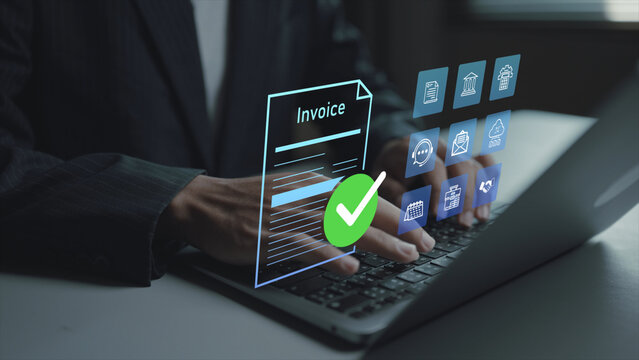 Digital invoice management concept. Person using laptop with e-invoice and payment status icons, expense tracking, revenue reporting and business finance workflow.
