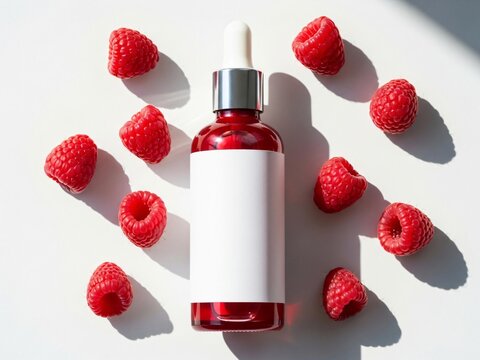 A bottle of red liquid with a white label surrounded by fresh raspberries on a white surface viewed from above.