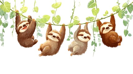 Fototapeta premium Four Adorable Sloths Hanging from Lush Green Vines on a White Background.