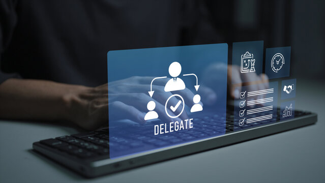 Delegation concept. Person typing keyboard with task assignment and team collaboration icons, leadership management, workflow distribution and productivity improvement.