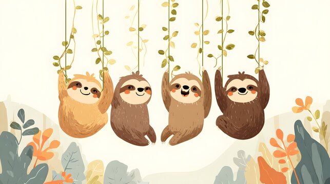 Four Adorable Sloths Hanging from Vines in a Lush Jungle Illustration.
