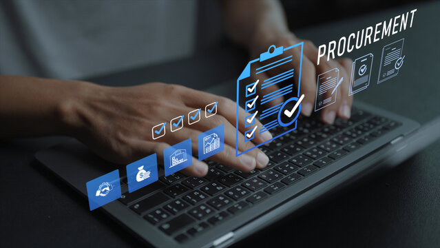 Procurement management concept. Person using laptop with purchasing and supplier icons, supply chain coordination, vendor management and business procurement strategy.