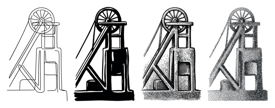 Set of four mine headframe illustrations in different artistic styles, including continuous line, bold silhouette, engraving, and stippling for industrial or historical concepts