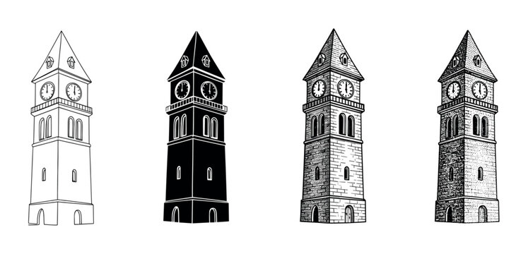 Four clock tower illustrations in different graphic styles including line art, silhouette, engraving, and stippling, showing a classic architectural building with a pointed roof