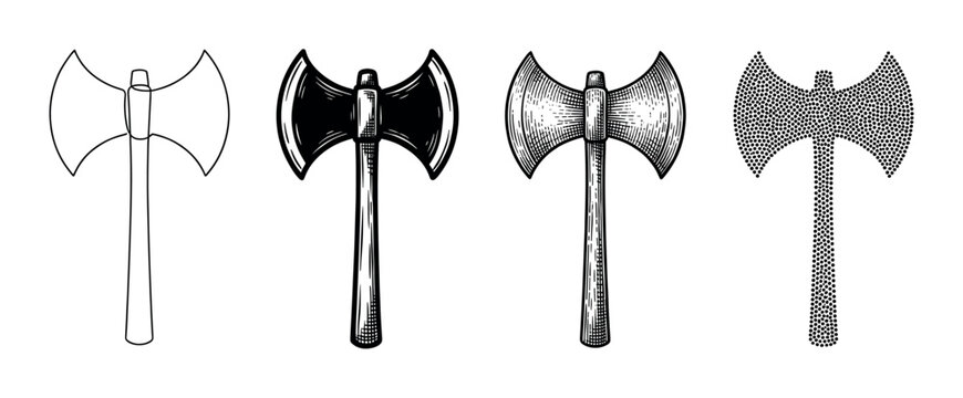 Set of four double-bladed battle axes illustrated in various graphic styles like line art, solid black, vintage engraving, and dotwork for a historical concept