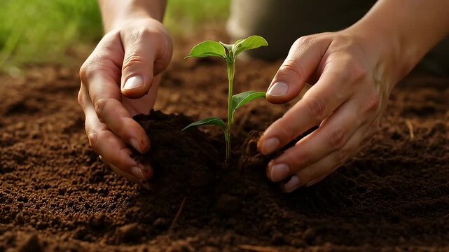 Closeup shot of hands planting a young seedling in fertile soil