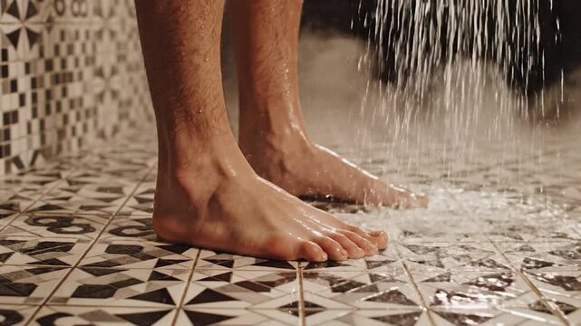 Bare feet standing under falling water.