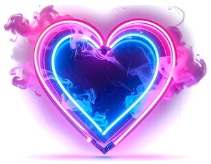 Neon heart shape emitting colorful fumes in pink and blue on a white background, stylized and visually appealing