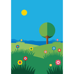 Vibrant Vector Landscape Illustration Featuring Green Hills, Flowers, And A Tree