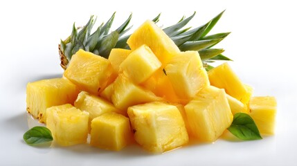 Freshly cut pineapple chunks with green leaves on a white background.
