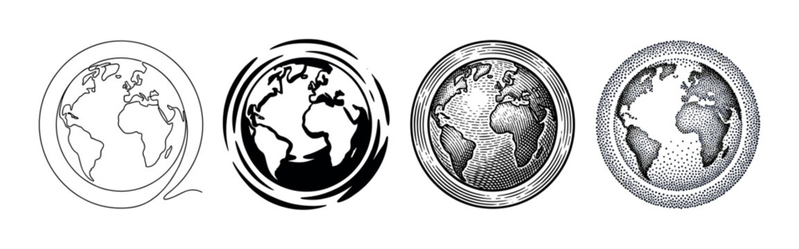 Set of four black planet Earth globes in various artistic illustration styles like line art, graphic swirl, vintage engraving, and modern stippling