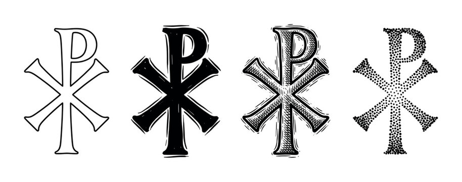 Set of four black Chi Rho symbols in different artistic styles, including simple outline, solid silhouette, detailed engraving, and stippled dotwork for religious concepts
