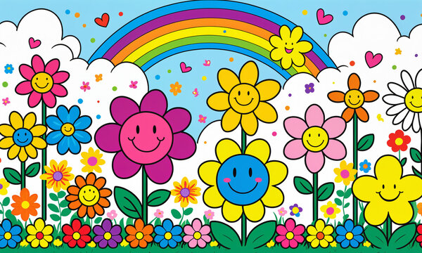 cheerful smiling flowers with happy faces in a vibrant garden under a colorful rainbow with white clouds and pink hearts in a bright blue sky.