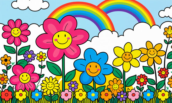 vibrant spring meadow with smiling cartoon flowers happy faces two rainbows and a bright yellow sun in a clear blue sky with white fluffy clouds.