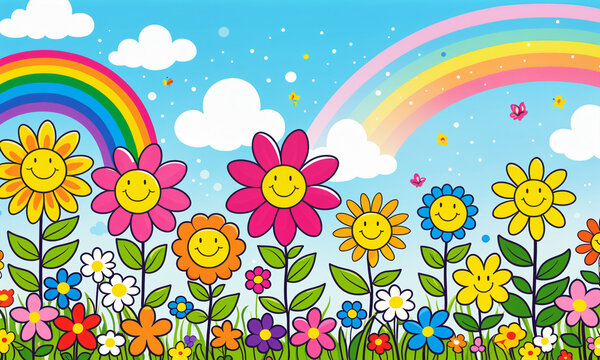 garden of smiling colorful flowers with happy faces under two rainbows in a bright blue sky with soft white clouds and small flying butterflies.