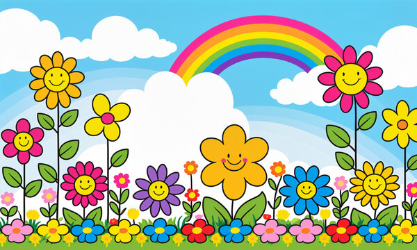 colorful cartoon garden with smiling flowers of yellow pink purple and blue colors under a bright rainbow and fluffy white clouds in a sunny blue sky day light.